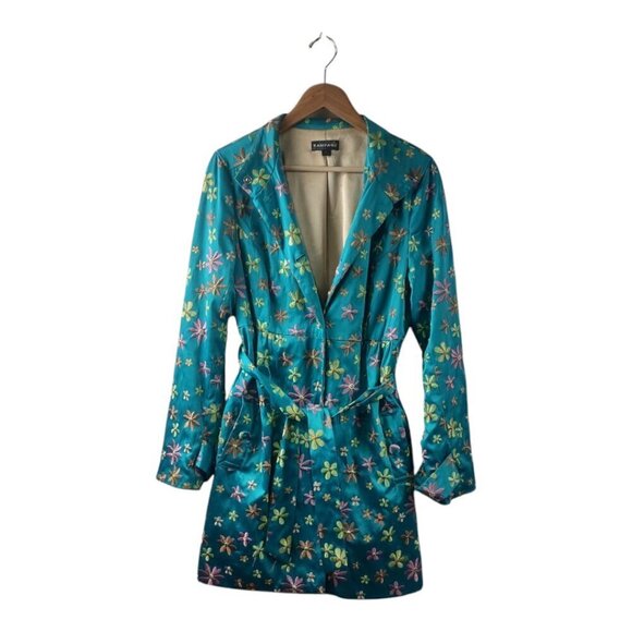 Vintage Y2K Rampage Teal Embroidered Flower Satin Belted Jacket Size L - Picture 1 of 7